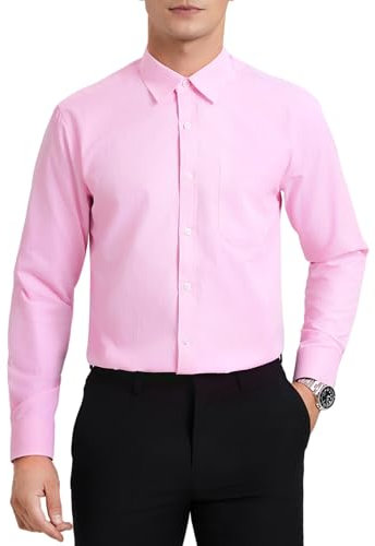HISDERN Camicia Rosa Uomo Elegante Camicie da Uomo Manica Lunga di Cotone con Taschino Bottoni Regular Fit Formale Casual Matrimonio S