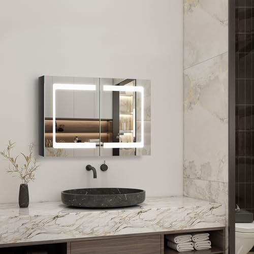 EVOLVE Bluetooth LED Bathroom Mirror Cabinet 600x800 Two Door with Speaker, Three touch sensor button, heated demister pad, Dimmable Cool white light, Shaver Socket, 2Tier Shelves and Glass Door
