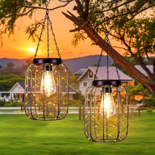 Hanging Solar Lanterns Outdoor Waterproof, Vintage Copper Hanging Lantern Lights for Outside, Solar Chandelier Outdoor Idea for Yard Garden Pathway Gazebo Pergola Porch Decor, 2 Pack