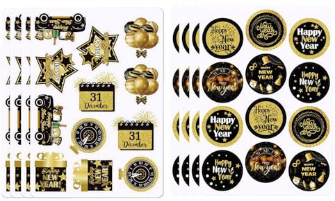 96Stk Silvester Aufkleber, Happy New Year Deko Stickers, Black Gold Round Aufkleber Neujahr Geschenke Deko Stickers Frohes Neues jahr Geschenk Geschenktüten Boxen Deko
