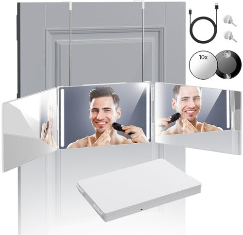 Cisivis 360 Grad Spiegel mit Beleuchtung, Spiegel Haare Selbst Schneiden, Wiederaufladbarer Kosmetikspiegel, Höhenverstellbarer,Faltbar, mit 10X Vergrößerungsspiegel, für Haarstyling, Schminken(Weiß)