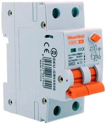 MeanWell Interruttore Magnetotermico Differenziale 300mA, RCBO 1P+N C6 6A, Tipo AC Curva C 6000A 220V, 2 Poli Occupa 2 Moduli Barra DIN