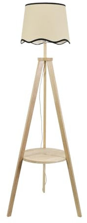 ValueLights | Natural Wood Tripod Floor Lamp with Storage Shelf and Black Trim Scallop Shade Living Room Light | Floor Lamps, Home Décor & Improvement Essential | Included LED Bulb