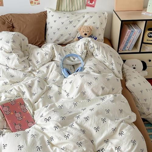 Bettwäsche 140x200 Weiß Schwarz Schleifen Bettbezug + Kissenbezug 70x90 | Bettwäsche Set 2 Teilig, Mädchen, Kawaii, Schwarze Schleifenmuster, Niedlich, Aesthetic, Weich, Microfaser, Reißverschluss