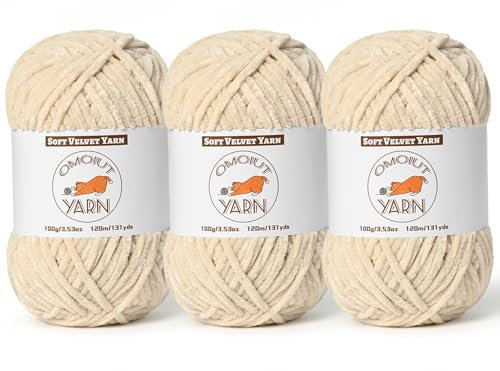 Confezione da 3 filati di velluto beige, soffice, per uncinetto, ciniglia grossa, per coperte, per bambini, all'uncinetto, morbidi e pelosi, per lavori a maglia (100 g ciascuno), spessi e voluminosi