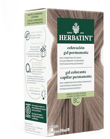 Herbatint Coloración para Cabello en Gel 8C Rubio Claro Ceniza - 170 ml | Sin Amoníaco, Cobertura Óptima de Canas | con 8 Extractos Orgánicos, Ideal para Pieles Sensibles