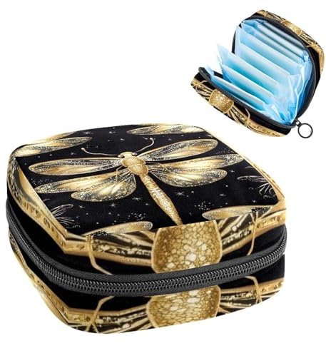 Borsa per assorbenti igienici con libellule dorate con ali scintillanti, sfondo nero, grande sacchetto per coppette mestruali con cerniera, borse per assorbenti mestruali, per ragazze e donne