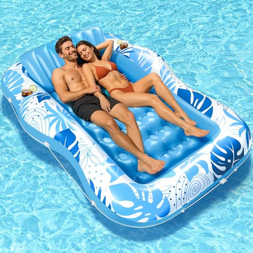 Sonnenbadliege – 203,2 x 154,9 cm großer aufblasbarer Schwimmer für Erwachsene, 2-in-1-Sonnenwanne & Lounge-Floß mit Kissen-Becherhaltern, auslaufsicher, PVC, aufblasbares Sonnenbecken für Sommer