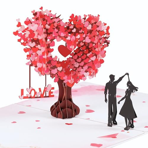 Hochzeitsgeschenk Hochzeitskarte Valentinstag Karte für Sie, 3D Liebesbaum Pop Up Karte Hochzeit Verlobungsgeschenk mit Umschlag, Karte für Valentinstag Hochzeitstag (Rot)