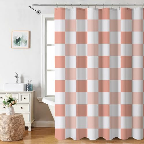 AIBIIN Rideau de douche imperméable durable à motif damier vintage durable avec 12 crochets, lavable en machine, pour toutes les salles de bain (180 x 180 cm, rose)