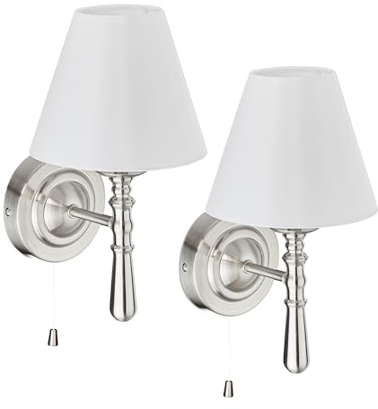 Relaxdays Applique con Paralume Tessuto, Set 2 Lampade da Parete, Interruttore a Corda, E14, HLP: 28x16x19 cm, Argento