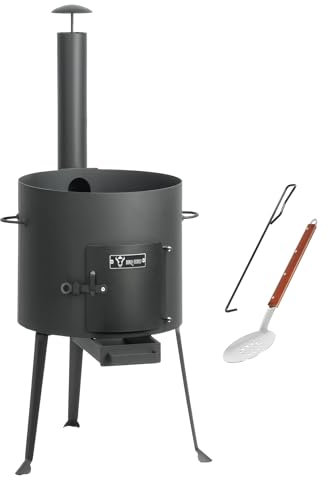 BBQ-Toro Kazan Ofen Ø 34 cm | Gulaschkessel mit Schaumlöffel und Schürhaken | Outdoor Ofen mit Rohr, Feuerkessel | Feuer-Ofen, Eintopfofen, Feuerstelle, Kazan-Gestell, Utschak, Dreibein