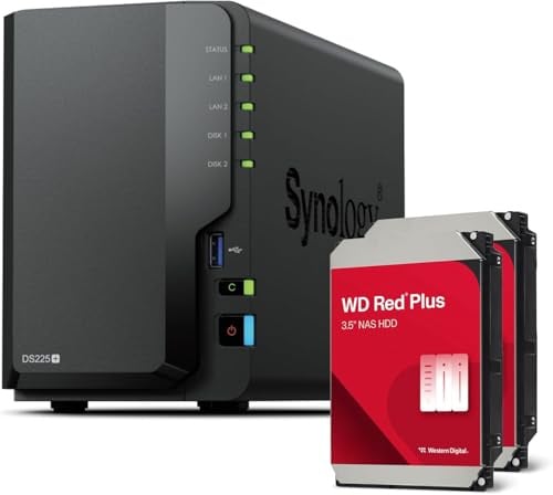 Synology DS225+ 2-Bay Diskstation NAS (Intel Celeron J4125 Quad-Core, 2 GB Non-ECC DDR4 SODIMM 1 x 2,5 GbE e 1 x 1 GbE RJ-45 LAN-Port) Bundle 12TB con 2X 6TB WD Red Plus