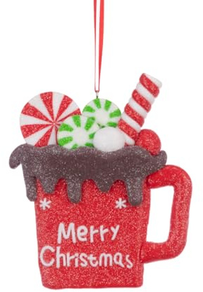 Hot Cocoa Chocolate Mug Christmas Tree Ornament - Red Hanging Decoration Bauble Xmas Decor Gift Topper Glittery Red Merry Christmas Tree Decoration with Candy Toppings