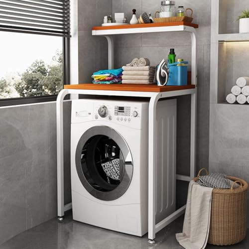 Lagerregal über der Waschmaschine, 2-Etagen Waschmaschinen Regal mit Multifunktions Arbeitsfläche, Verzinkter Stahl Organizer mit Verstellbaren Kratzschutz Füßen(White b)