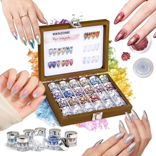 MKNZOME 24 Colors Chrome Nail Powder, Aurora Iridescent Metallic Mirror Effect Pigment Glitter White Gold Silver Brown for Home Nail Art Decoration DIY Salon Manicure, Gift for Women