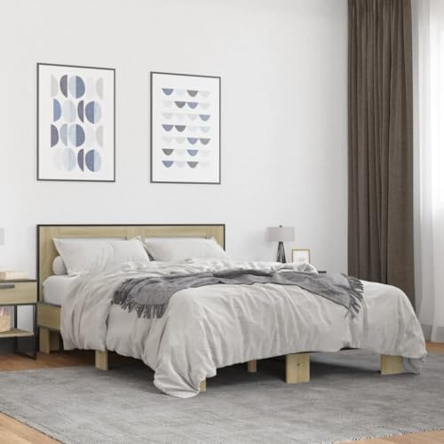 Bucmath Sonoma-Eiche Bettgestell 120x200 cm, Robustes Holzwerkstoff & Metall Bett mit Sperrholzlatten, stabil für Schlafzimmer, modernes Design, langlebiges Plattformbett