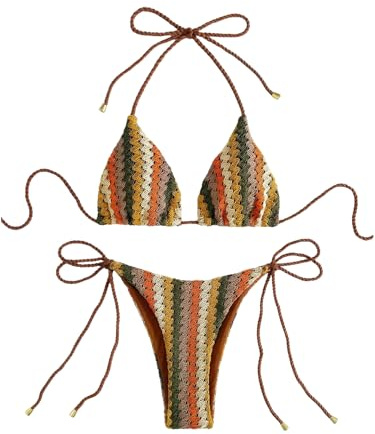 GORGLITTER Bikini Damen Set Triangel Bikini Bikinioberteil Drop Waist Bikinihose mit Knoten Bügellos Gehäkelte Strandmode Strand Outfits