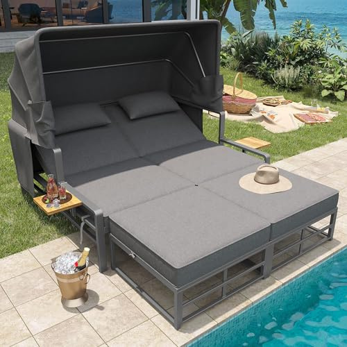 Lahoomu Gartenlounge-Set für 2-4 Personen, Sonnenliege Set, Gartenliege 2 Personen mit faltbarem Sonnendach, Sofa-Set für draußen, Essgruppe für Terrasse Balkon