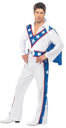 Smiffys Evel Knievel Costume in White for Adults, All-in-One Jumpsuit with Attached Cape, Officially Licensed, Iconic Belt Detail and Flared Bottoms, Perfect for Fancy Dress and Music Events