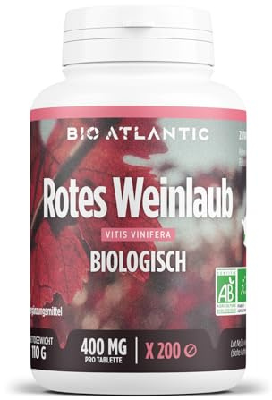 Bio Rotes Weinlaub 1200 mg pro Tag - Red Vine leaves - 200 Tabletten - Hochwertig, Natürlich, Kontrollierter Anbau