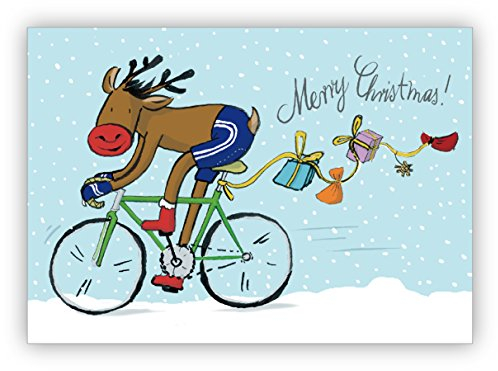 Kartenkaufrausch Humorvolle Weihnachtskarte mit Fahrrad fahrendem Weihnachts Elch und Geschenken im Schnee • als festliche Grusskarte zum Jahreswechsel für Familie und Firma