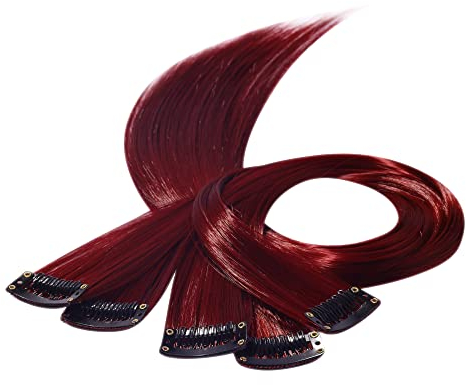 Beauty7 DIY Farbige Haarverlängerungen haarsträhnen zum einklipsen Bunte zum einflechten mit Haarclips strähnchen clip in extensions Haarteil Perücken Highlights Hair für Mädchen 50cm 5stk Weinrot