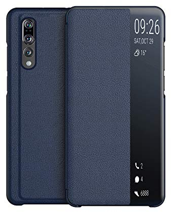 KANSI Cover compatibile con Huawei P20 Pro, Flip Pelle Smart View Custodia + Vetro Temperato - Marino