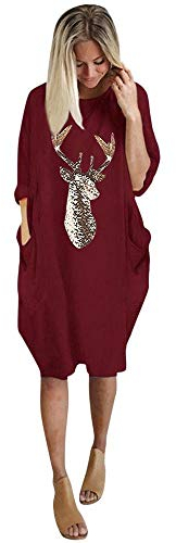 YEBIRAL Damen Weihnachtskleid Pailletten Glitzer Weihnachten Jumperkleid Rentier Druck Gold Weihnachtspullover Kleid Lose Casual Tasche Minikleid Große Größen S-5XL