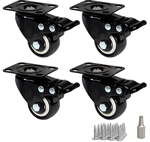 PRIOstahl Möbelrollen Bremsrollen Schwerlastrollen Transportrollen Schwarze Premium Rollen - 4 x Lenkrollen mit Bremse 40 mm + Befestigungsschrauben und Bit für Möbel Schränke Spurlos & Leise