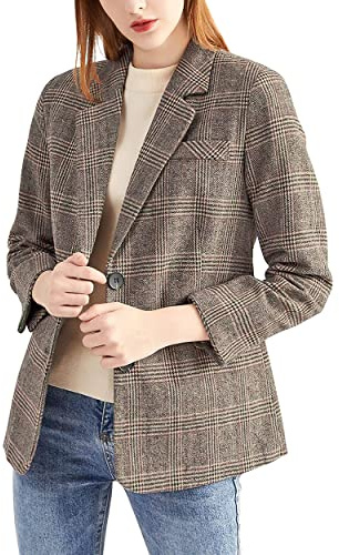 ebossy Blazer boyfriend à revers cranté à 2 boutons pour femme, motif pied-de-poule, moka, Large