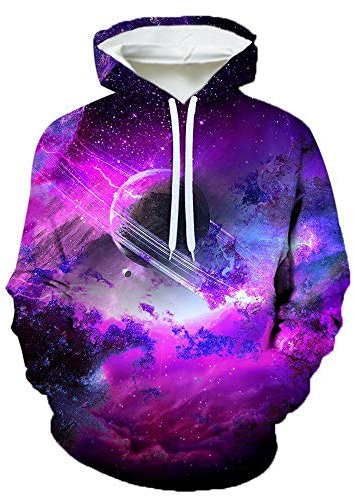 Laizs Felpe con Cappuccio Funky Stampato novità Felpa Pullover Coulisse Tasca Sweatshirt Unisex 3D Hoodie Cielo Stellato Viola A2104,S