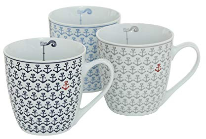 Seaside No.64 - Jumbobecher 3er Set - Anker blau hellblau grau - Becher Tasse Jumbotasse - aus Porzellan 400ml -