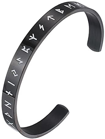 C2Jew Nordischer Wikinger Runenmanschette Armband, Herren Edelstahl, Leuchtender Offener Verstellbarer Armreif, Keltisches Heidentum Vintage-Schmuck,Schwarz