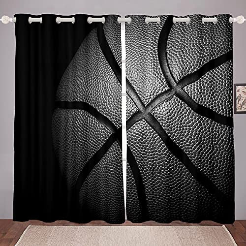 Loussiesd Schwarz Basketball Blickdichte Vorhänge Jungs Kinder Sportthema Fenstervorhang 245x140cm 3D Basketball Muster Vorhänge Jugendliche Männer Mikrofaser