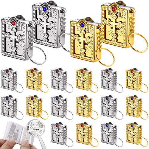 Yaomiao 16 Stück Mini Bibel Schlüsselanhänger Kleiner Bibel Schlüsselanhänger Religiöser Jesus Schlüsselanhänger Souvenir Christliches Geschenk für Taufe Kirche Kommunion mit 1 Stück Lupe, 4 Stile