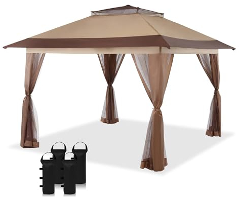 Wiltec Pavillon de réception Pliante – 4 x 4 x 2,87 m – Couleur Beige – avec Protection Anti-moustiques Sac et Roues – Tente Tonnelle de Jardin Fête Camping
