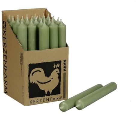 Stabkerzen Salbeigrün, Eukalyptus Grün - Premium Qualität [Made in Germany] - 10 Spitzkerzen durchgehend gefärbt - 22mm Durchmesser, 18cm Höhe - Kerzenfarm Hahn - lange Brenndauer (8+ Stunden)