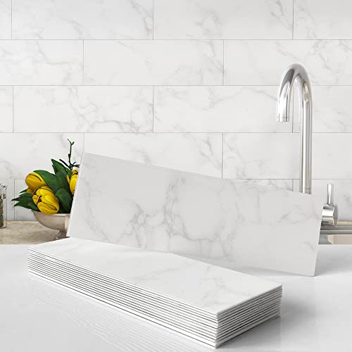 VAOVI Metro Fliesen Selbstklebend Wasserdichte Fliesenaufkleber,Fliesensticker Küche Klebefliesen Marmorfliesen Bad Badezimmer 10x30 cm Carrara Weiß