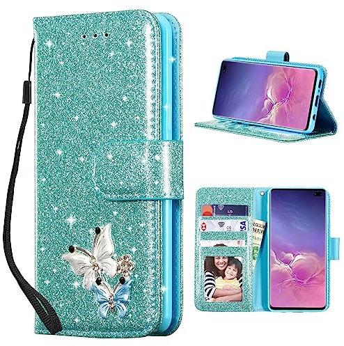 UEEBAI Wallet Case for Samsung Galaxy S10 Plus, Premium Sparkly Glitter PU Leather Phone Case Card Slots Kickstand Case Magnetic Closure Bling Case Shiny Flip Cover with Wrist Strap - Mint Green