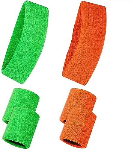 6 Stück Schweißbänder Set für Männer Frauen Stirnband Neon Sport Fitness 80er Kostüme Zubehör inklusive 2 Stück Stirnbander und 4 Stück Armbänder