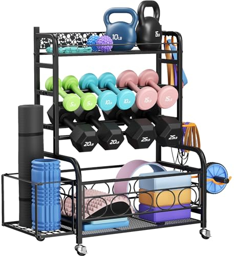 VOPEAK Hantelablage für Hanteln, Hantelständer für Zuhause, Fitnessstudio, Aufbewahrungsregal für Yogamatte, Kugelhanteln und Krafttrainingsgeräte, Hantelständer nur mit Rädern