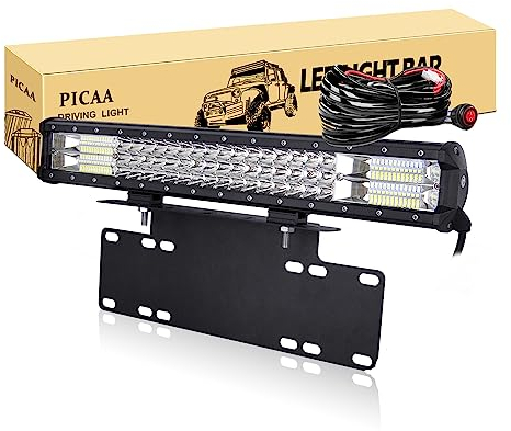 PICAA Car Led Light Bar, 20 inch Tri Row 7D 288W LED Work Lights Bar Lamp Light With License Plate Mount Bracket Holder 12V Wiring Kits For Off road Truck SUV UTE ATV 4x4, 6000K