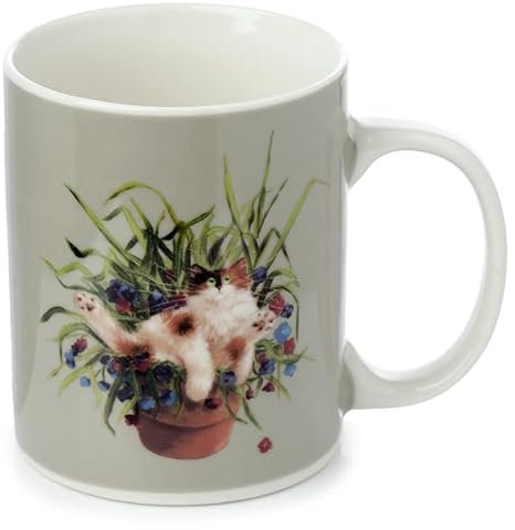 HoitoDeals 1Pcs Porcelain Mug Kim Haskins Cat in a Plant Pot Green