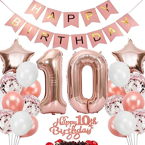 Feelairy Geburtstagsdeko 10 Jahre Mädchen, Rosegold Luftballon 10. Geburtstag Deko Mädchen, Tortendeko Happy 10th Birthday Deko 10 Jahre Mädchen, Ballon 10. Geburtstag Kinder Party Dekoration Set