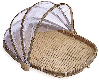 Bambus Obstkorb mit Fliegenschutz Bambuszelt Brotkorb Essen Fliegenhaube Gemüsekorb Lebensmittel Abdeckung Bambus Zeltkorb Weidenkorb Servierkorb Bambuskorb für Esszimmer Küche Snacks Gemüse, 34*39CM