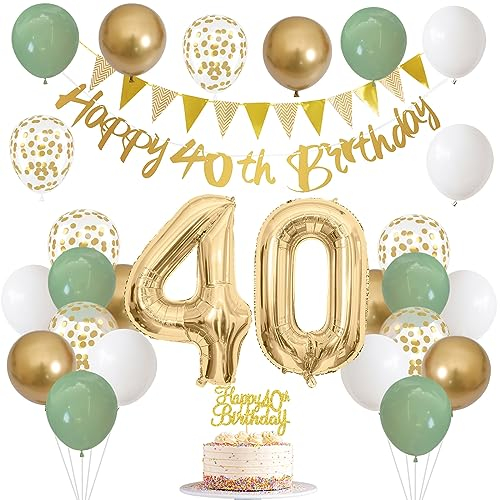 40th Birthday Decorations for Women Men, Sage Green White Gold Balloons With Happy 40th Banner, Cake Topper, Number 40 Foil Balloon for 40 Year Old Party Decoration