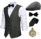 Gionforsy 20er Jahre Herren Wollartige Weste Kostüm Zubehör Set mit Hut Weste Fliege Krawatte Taschenuhr Gangster Accessoires Set für Great Gatsby Motto Party Halloween Karneval Fasching (Schwarz, M)