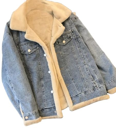 Giacca da Donna in Jeans Foderata in Pile,Giacca Bomber Classica con Bottoni Corti Cappotto Top a Maniche Lunghe Capispalla Spessa Calda Giacca da Esterno Casual Giacca College Giacca da Montagna in