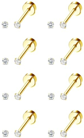 Dochais 8 Paar 316L Chirurgenstahl Ohrstecker Gold Set, 14K Vergoldetes mit Zirkonia Ohrstecker, Flachrücken Gold Ohrringe, Hypoallergene Knorpel Piercing Schmuck für Damen und Herren.